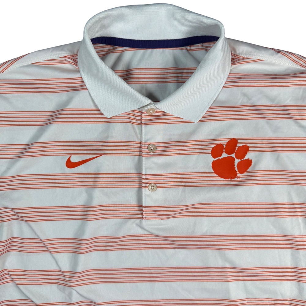Nike Clemson Tigers Polo Shirt Mens L White Orange Striped Short Sleeve Golf